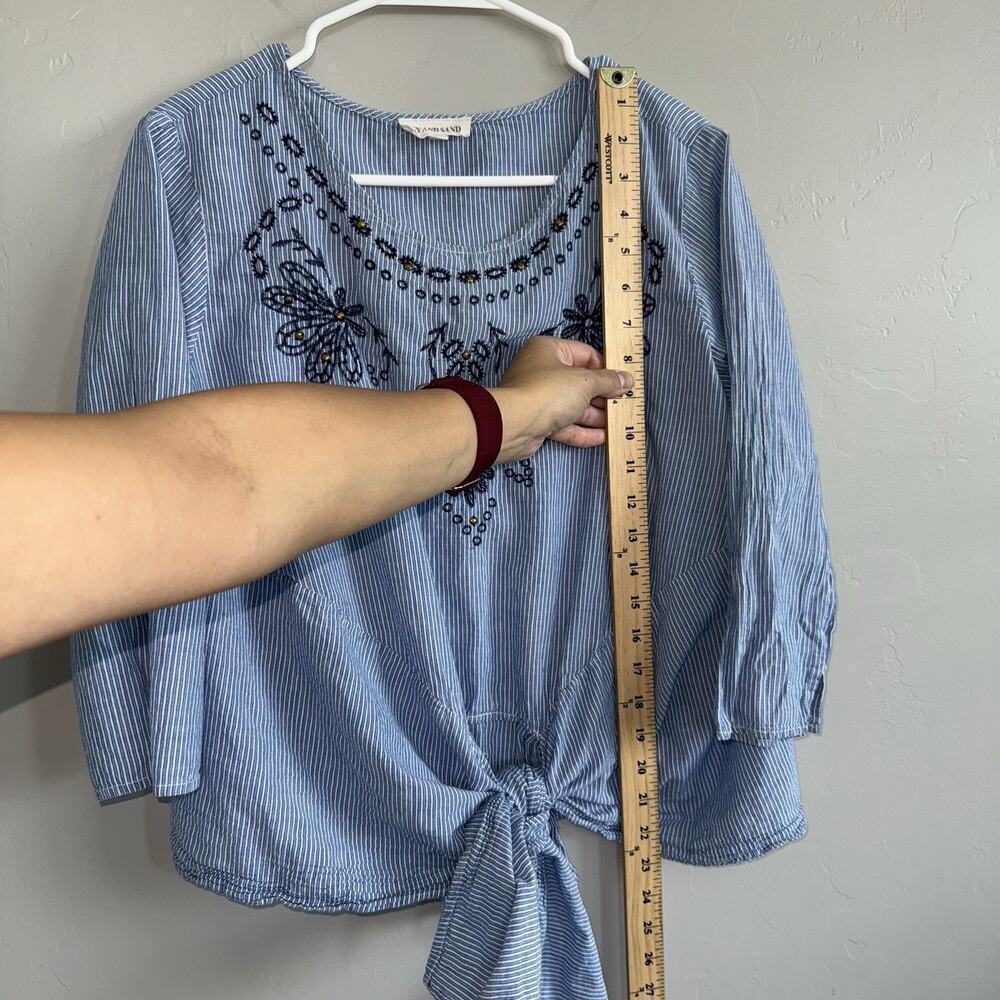 Sky and Sand Womens Tie Front Tunic Blouse Size M 3/4 Sleeve Embroidered Blue - Picture 5 of 7